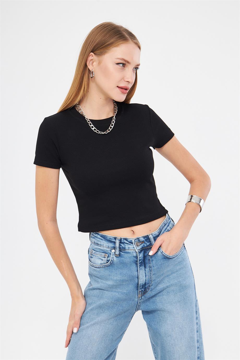 Bisiklet Yaka Kısa Kol Badi Crop Coton Body 4020