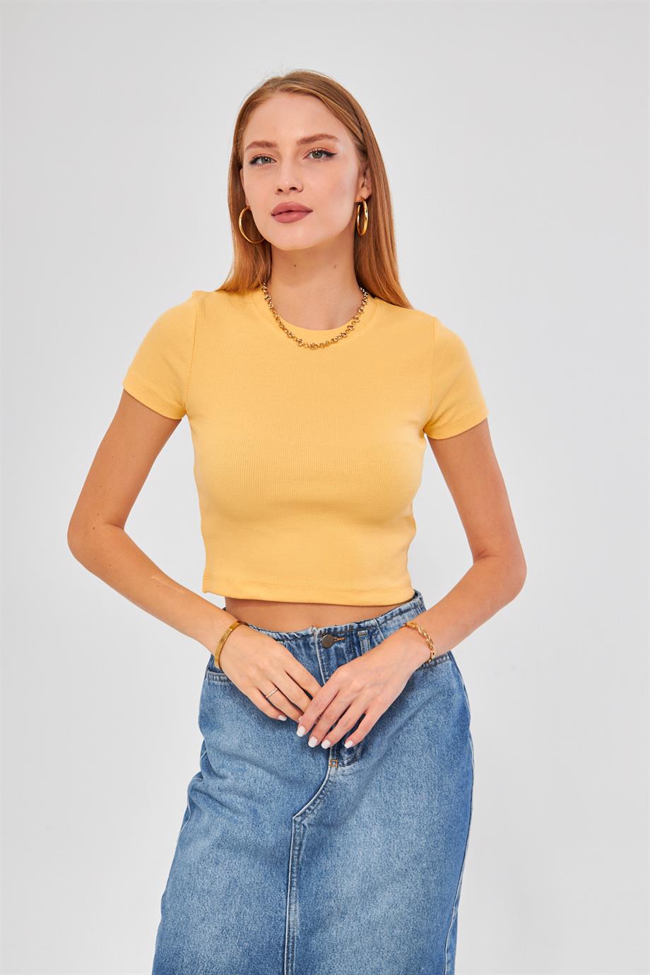 Bisiklet Yaka Kısa Kol Badi Crop Coton Body 4020