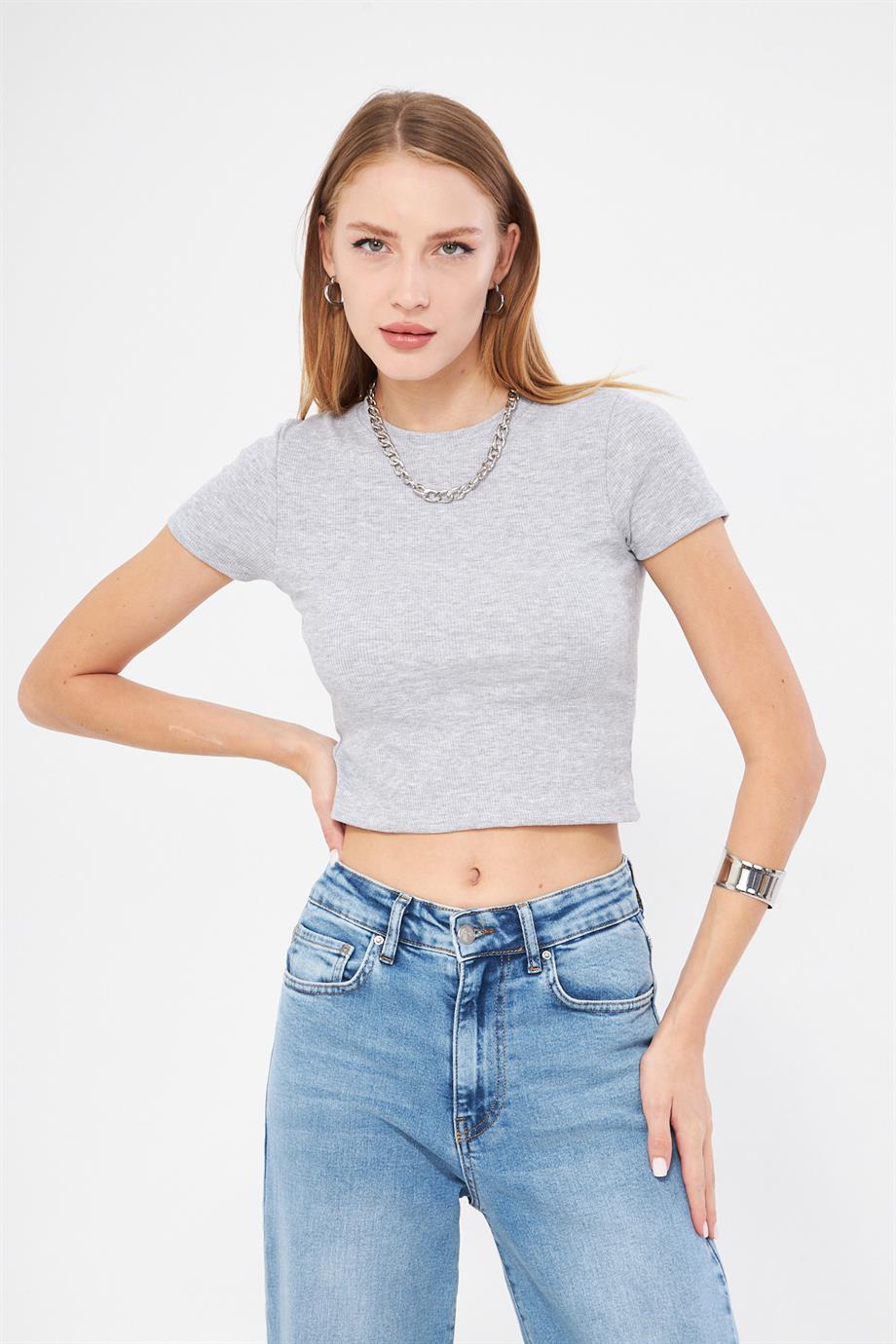 Bisiklet Yaka Kısa Kol Badi Crop Coton Body 4020