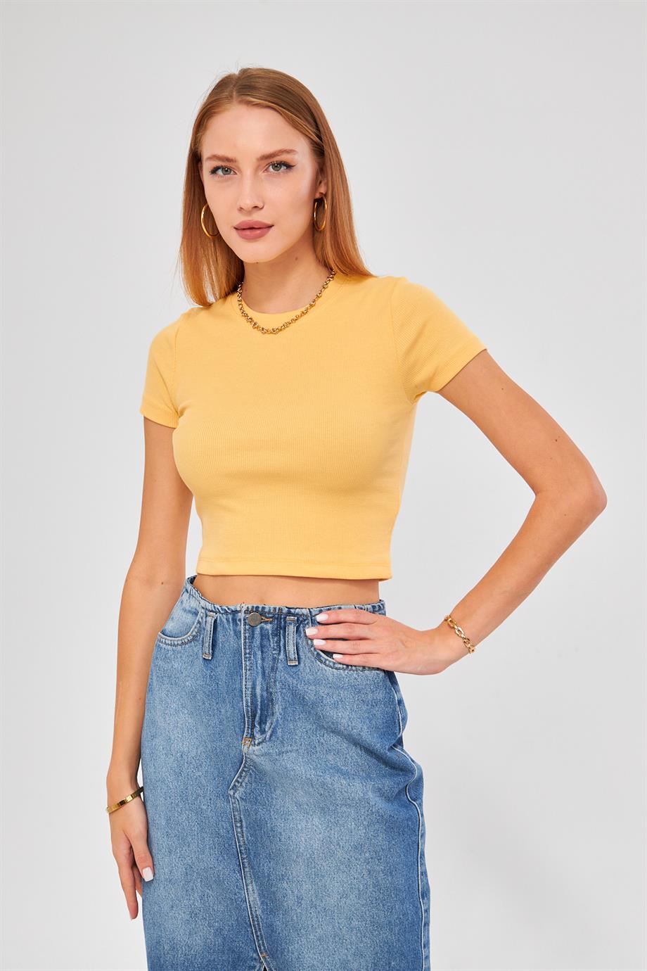 Bisiklet Yaka Kısa Kol Badi Crop Coton Body 4020