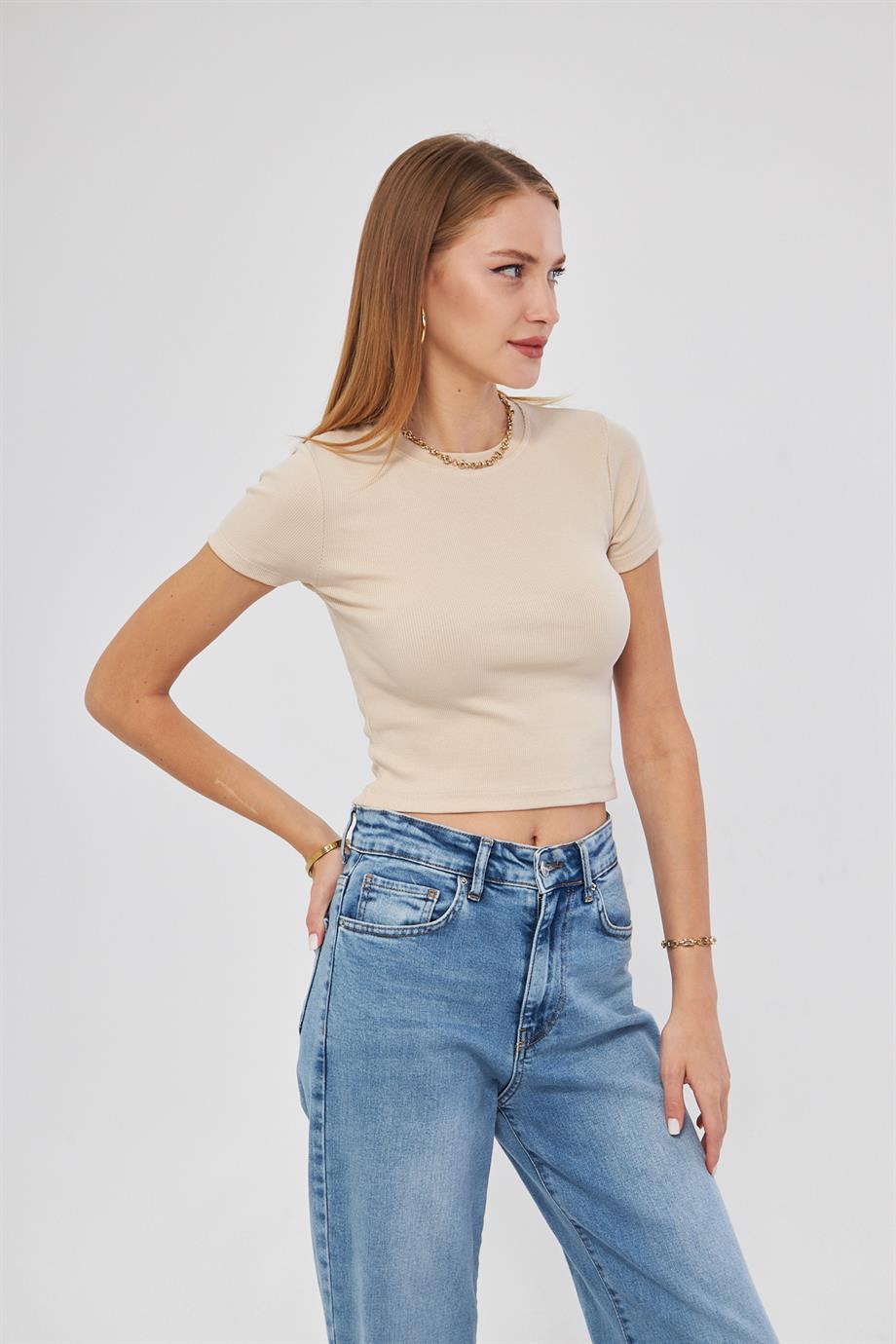 Bisiklet Yaka Kısa Kol Badi Crop Coton Body 4020