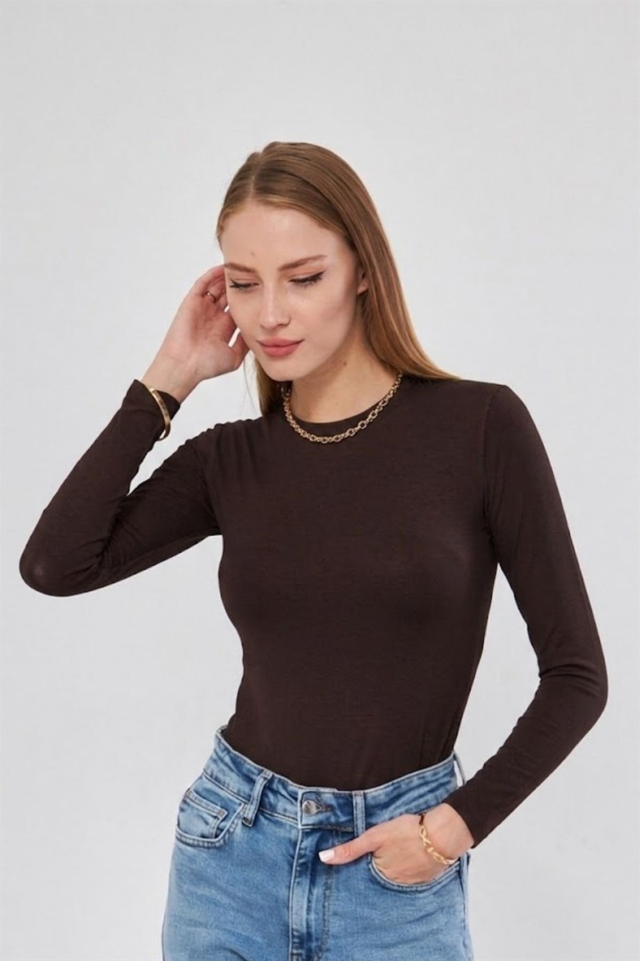Bisiklet Yaka Uzun Kol Badi Viskon Likralı Body 101 Kahverengi