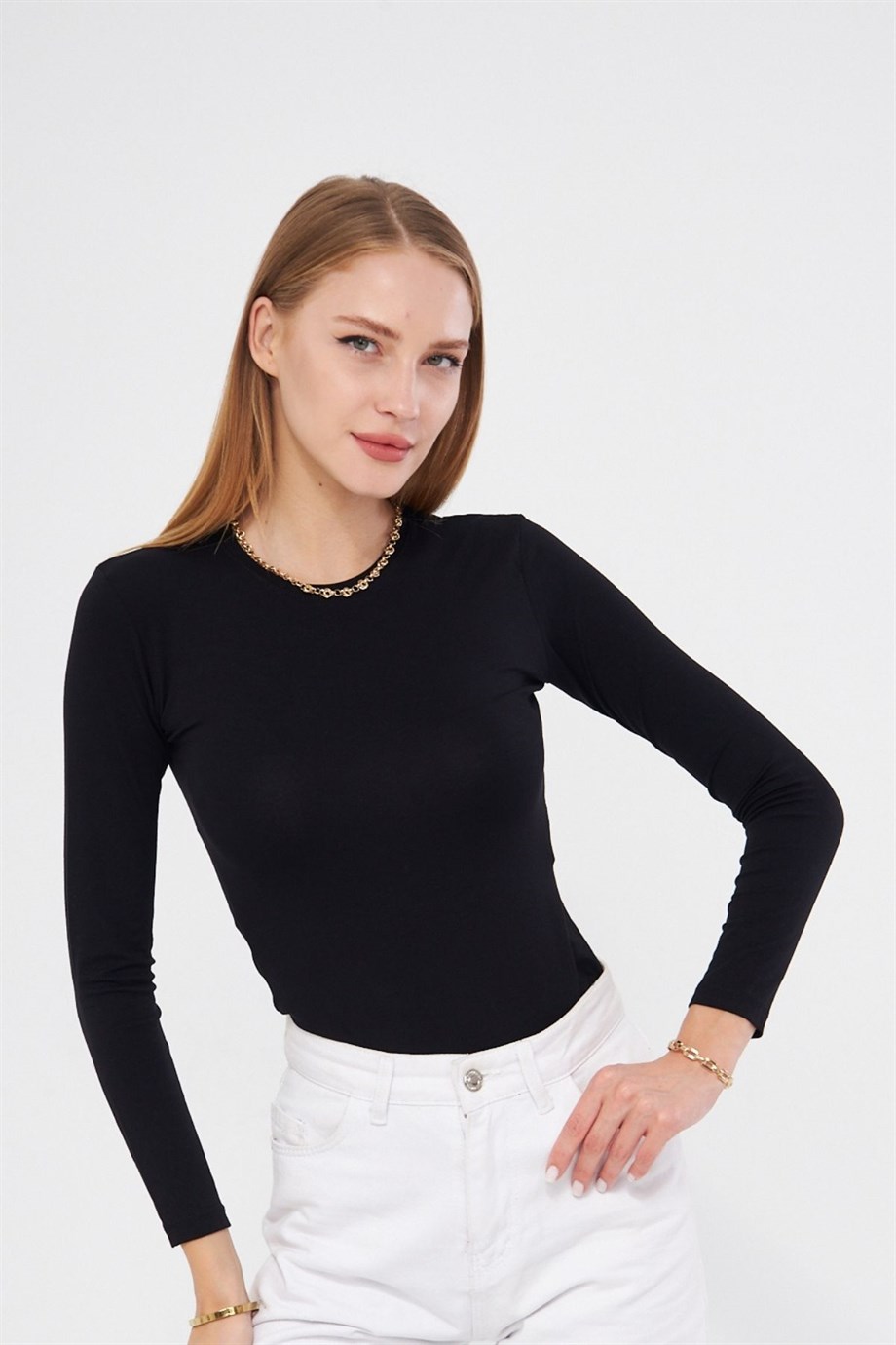 Bisiklet Yaka Uzun Kol Badi Viskon Likralı Body 101 Siyah