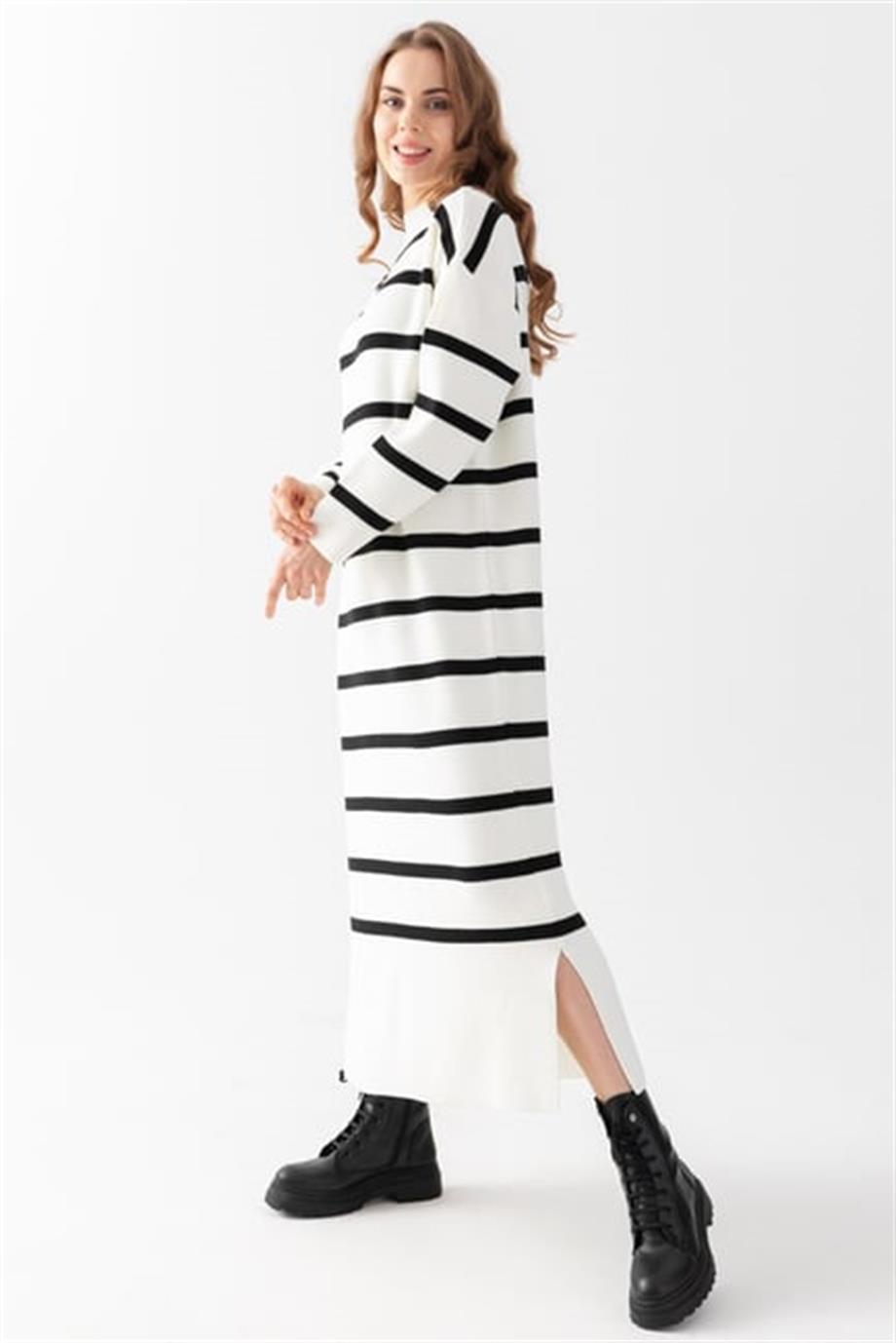 Çizgili Oversize Triko Elbise 71135