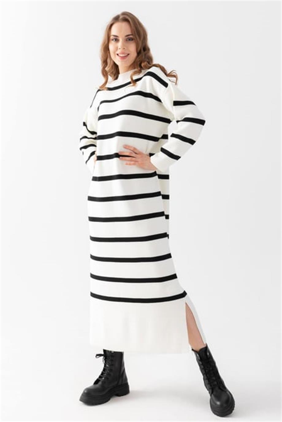 Çizgili Oversize Triko Elbise 71135