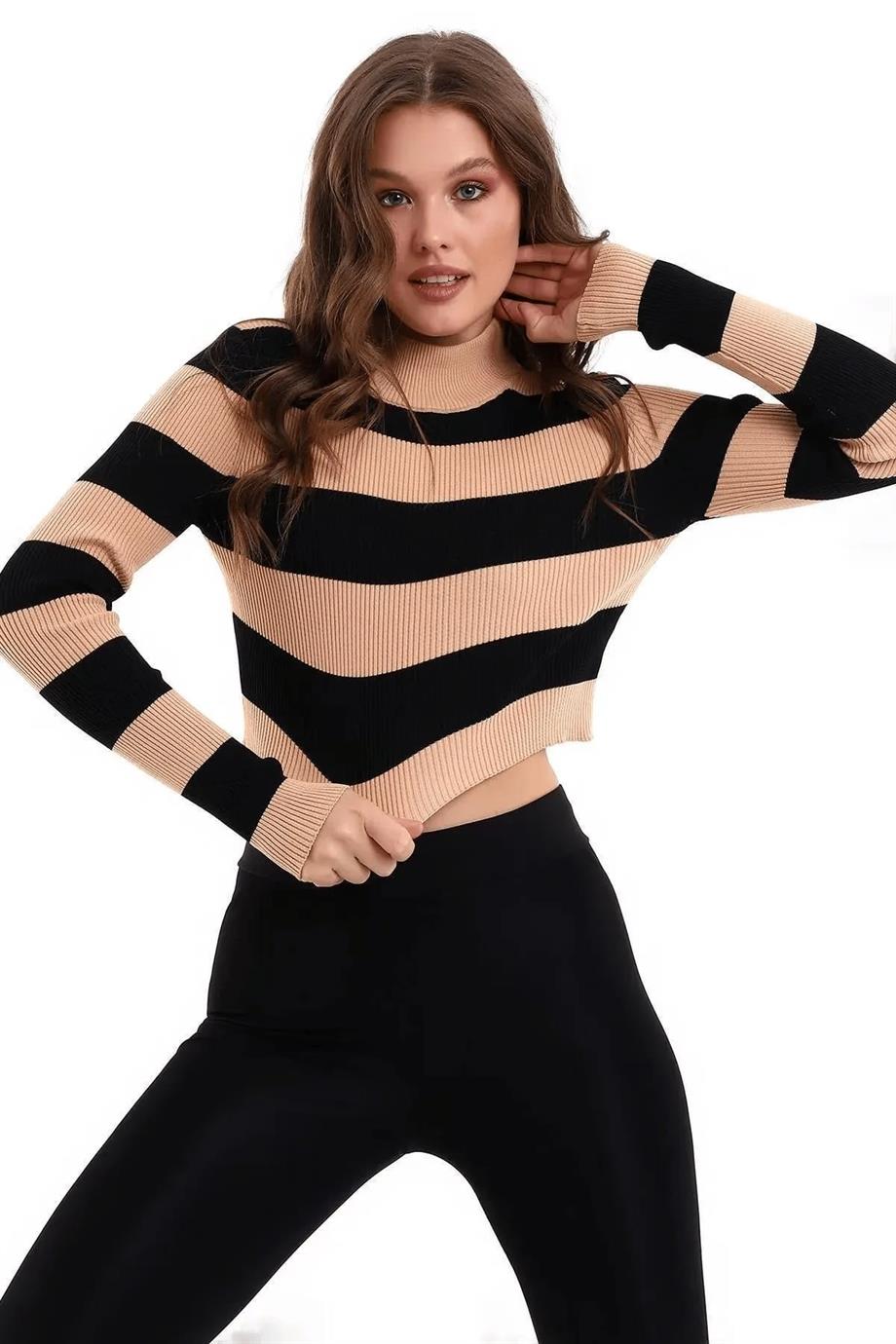 Çizgili Triko Crop Kazak Triko Bluz 1101