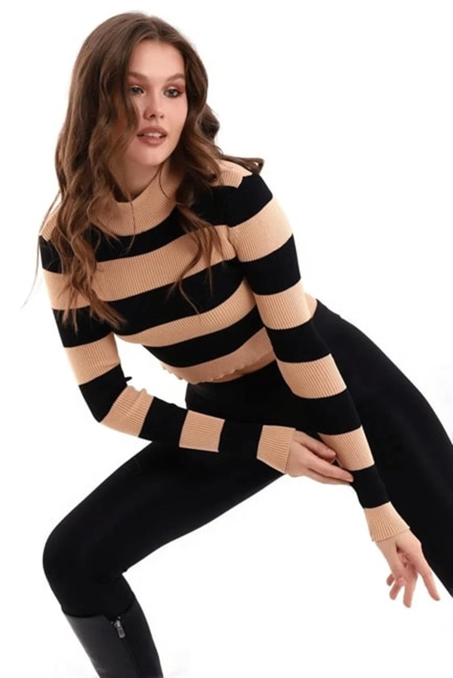 Çizgili Triko Crop Kazak Triko Bluz 1101