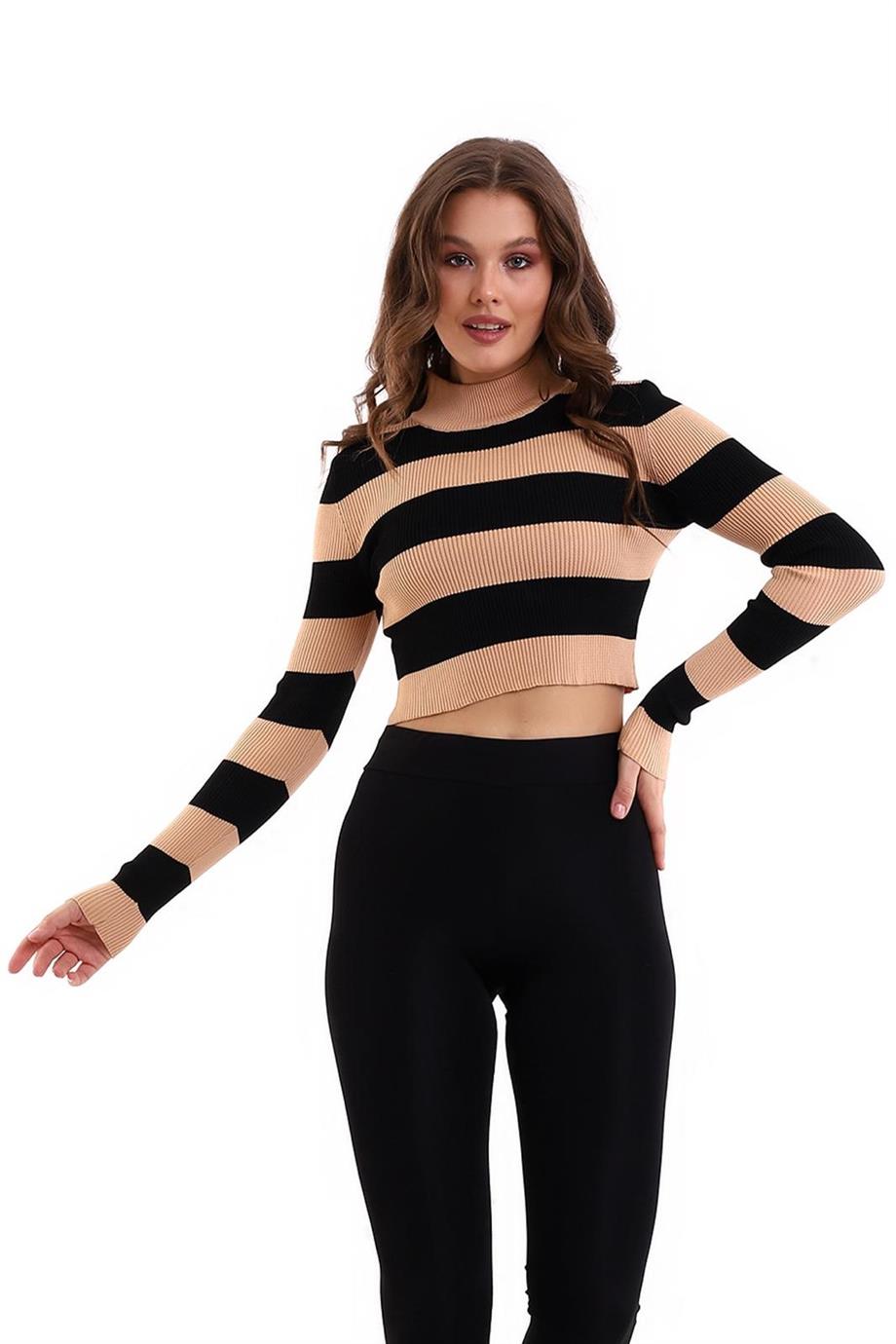 Çizgili Triko Crop Kazak Triko Bluz 1101