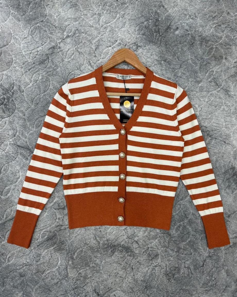 İnci Düğmeli Çizgili Triko Hırka 3108