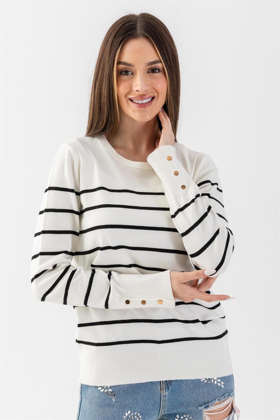 Bisiklet Yaka Çizgili Triko Kazak Triko Bluz 15007