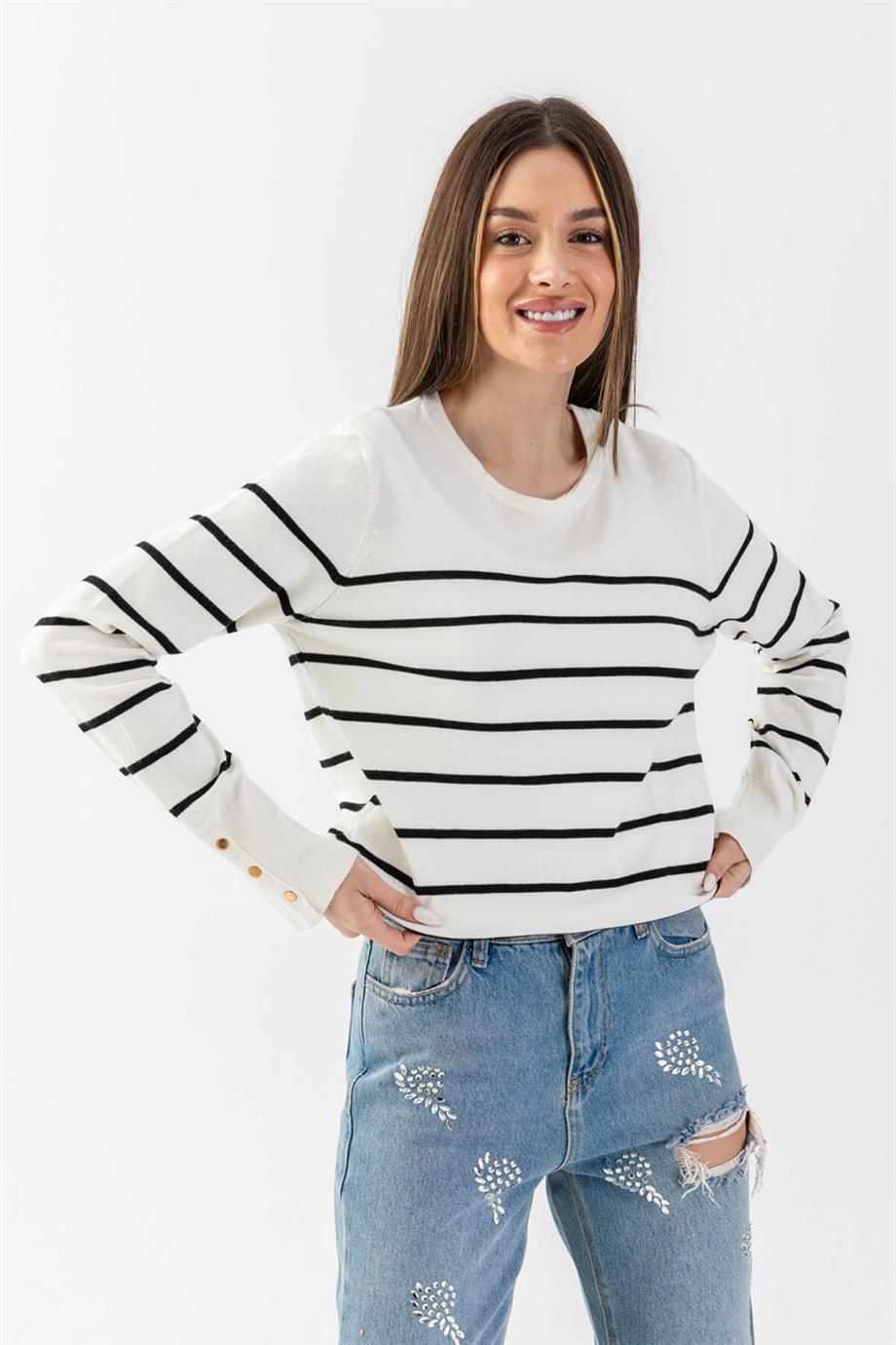 Bisiklet Yaka Çizgili Triko Kazak Triko Bluz 15007