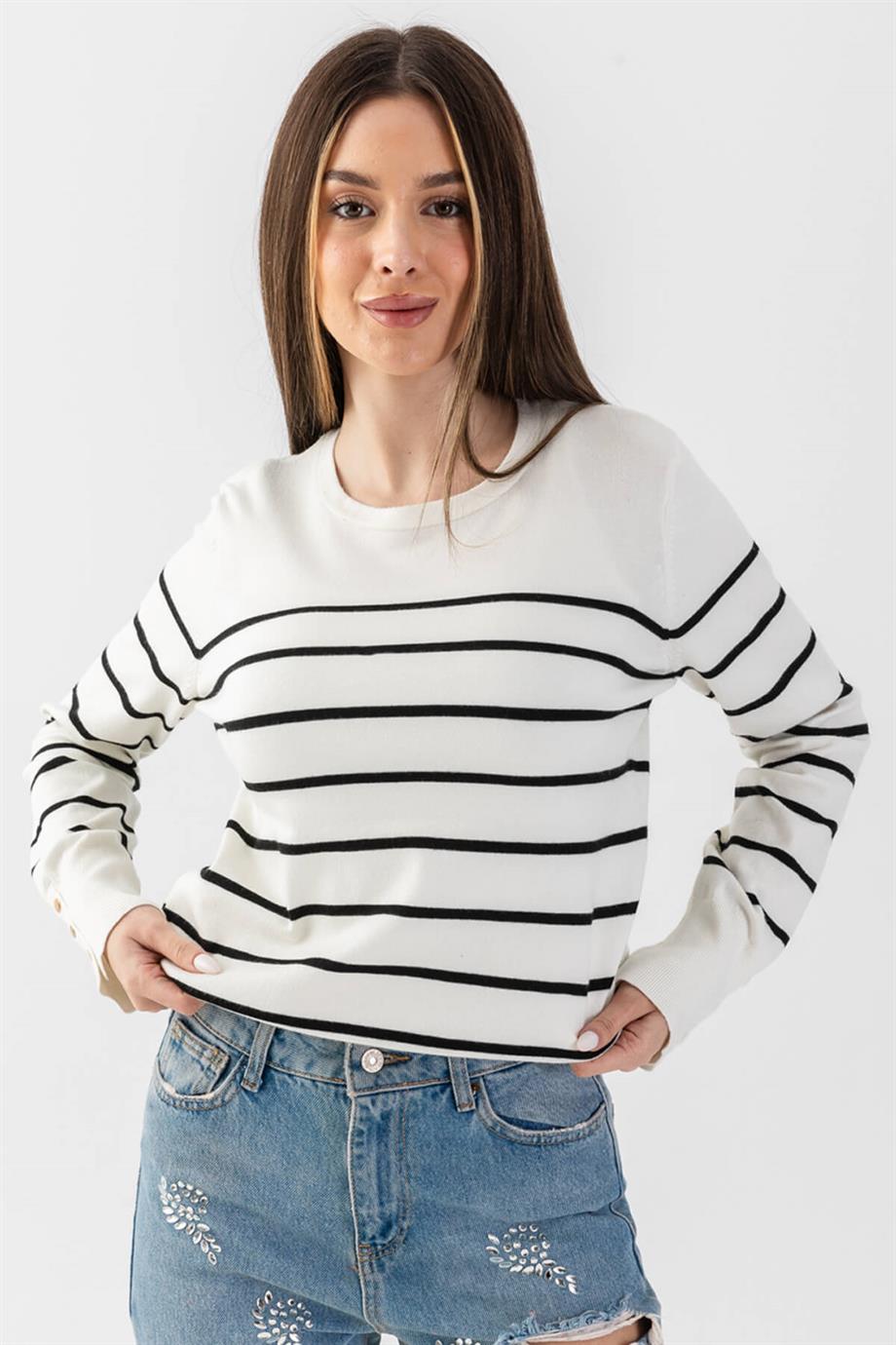 Bisiklet Yaka Çizgili Triko Kazak Triko Bluz 15007