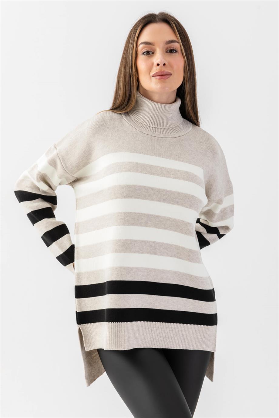 Çizgili Balıkçı Yaka Triko Tunik 1416