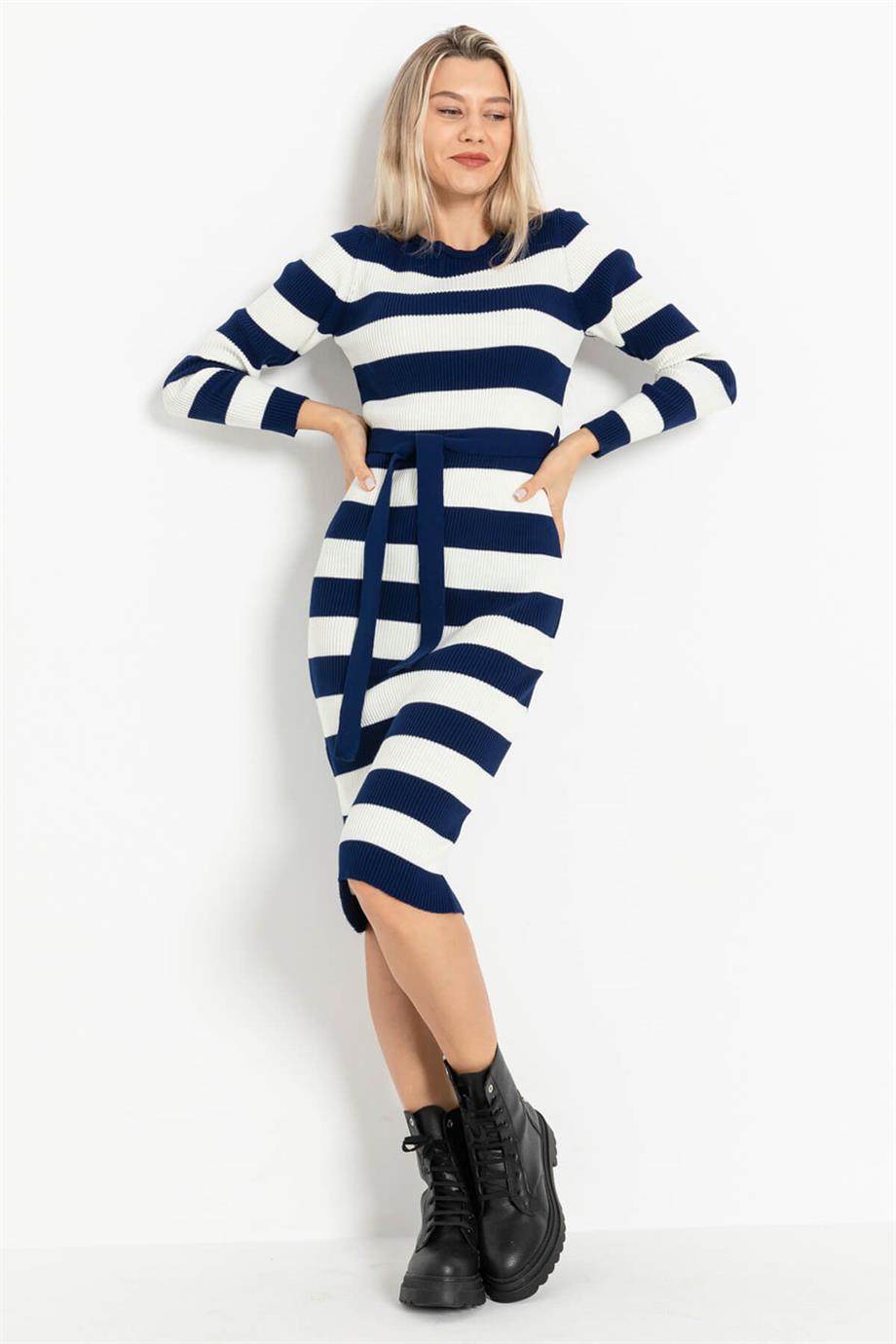 Fitilli Bisiklet Yaka Çizgili Triko Elbise 5080