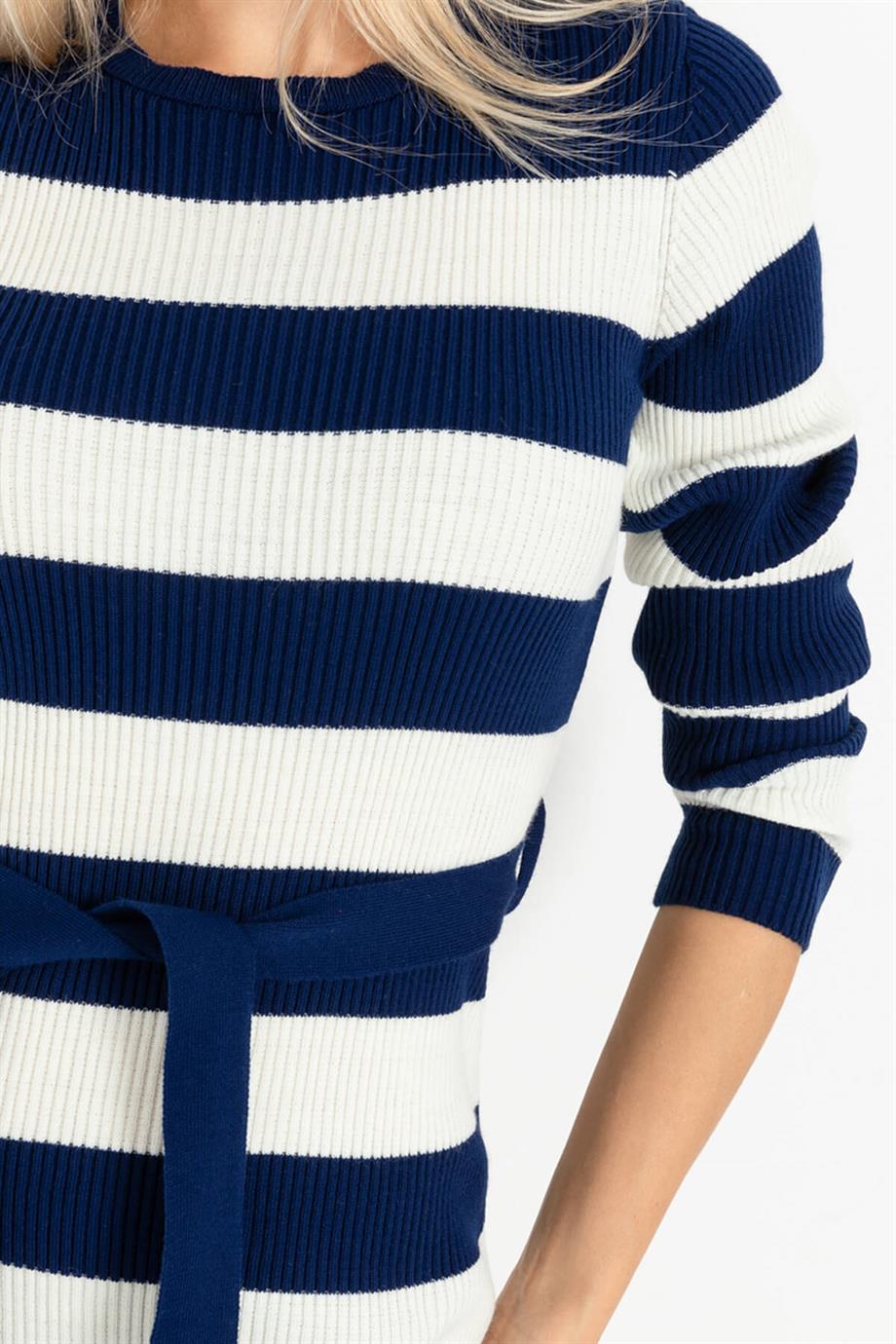 Fitilli Bisiklet Yaka Çizgili Triko Elbise 5080