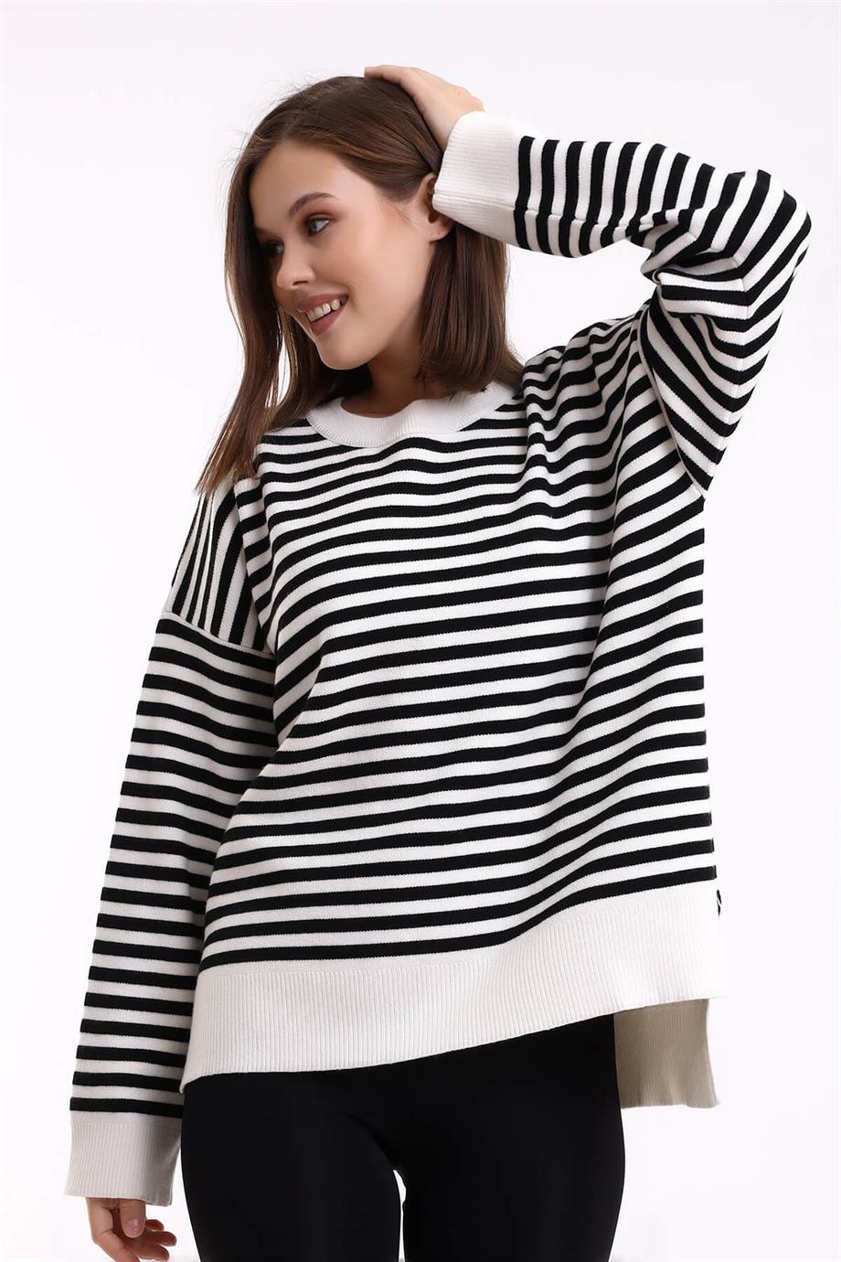 Çizgili Oversize Triko Kazak 6336