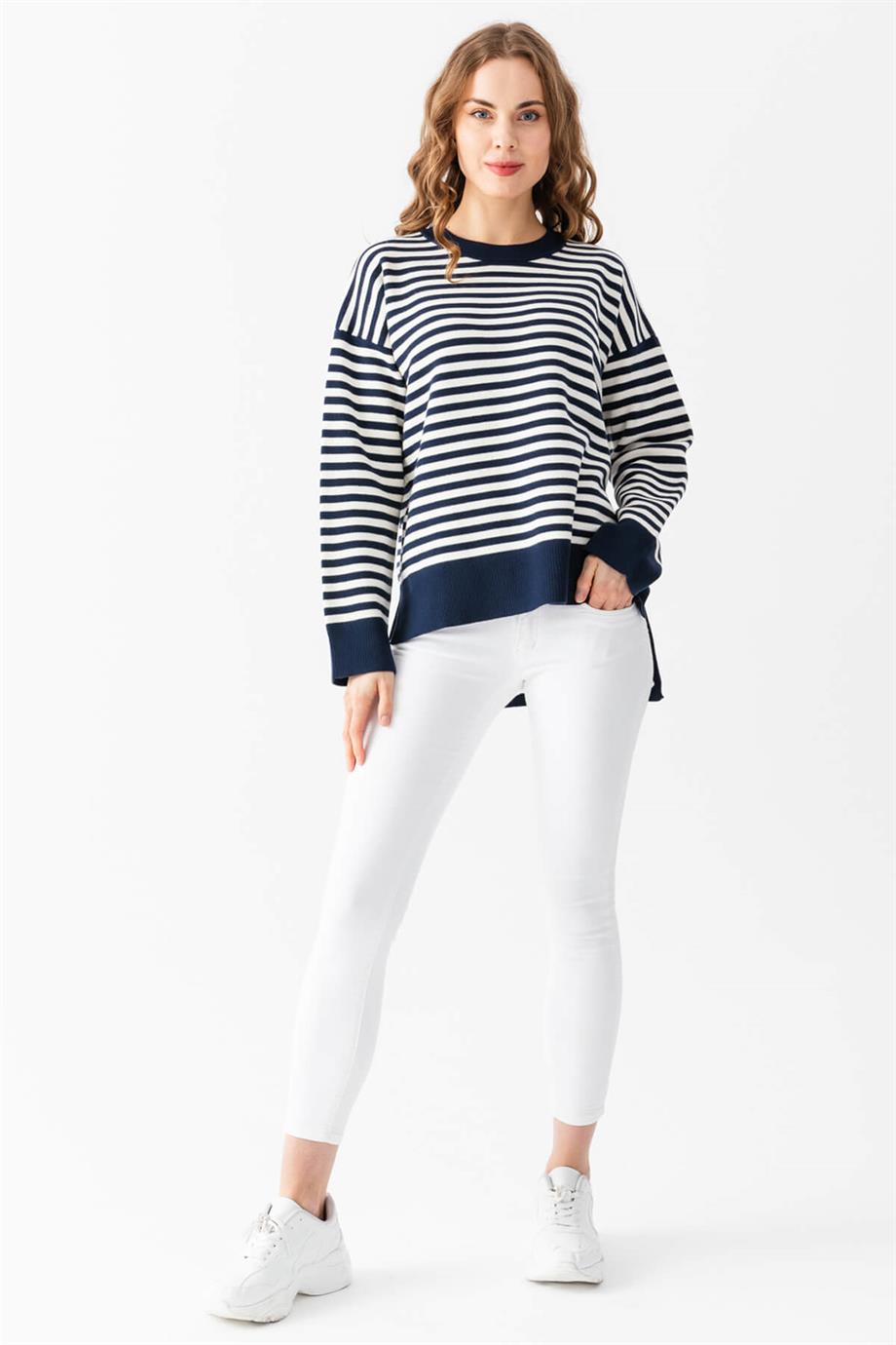 Çizgili Oversize Triko Kazak 6336