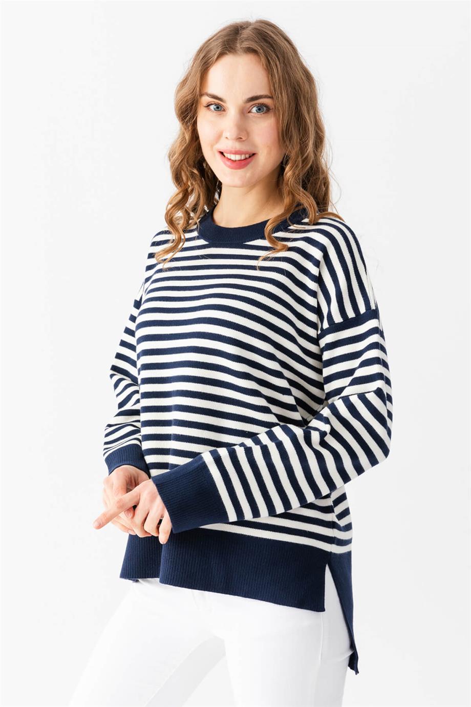 Çizgili Oversize Triko Kazak 6336