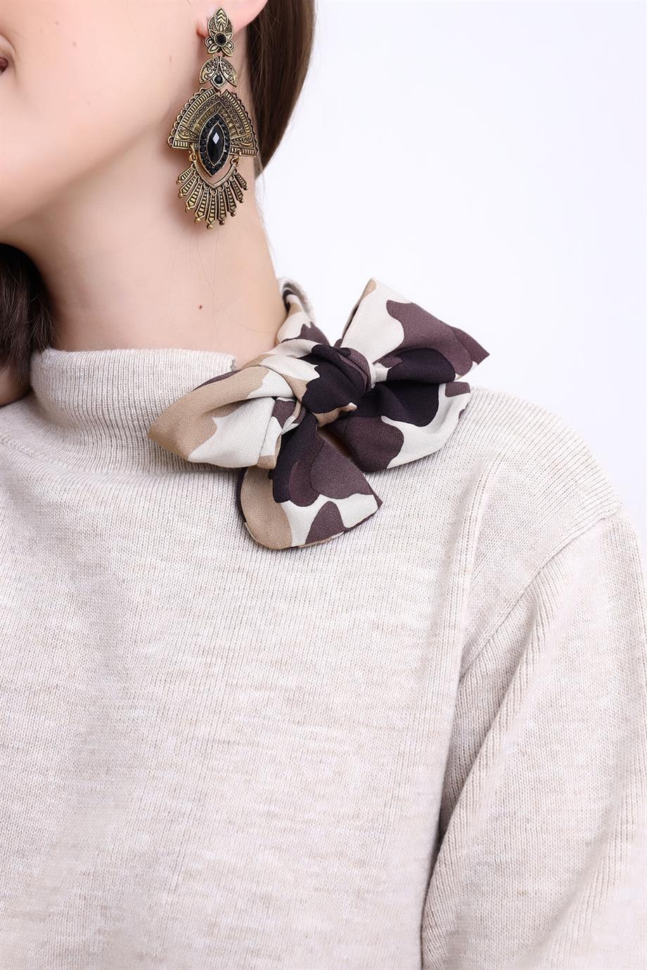 Bisiklet Yaka Fularlı Triko Kazak Triko Bluz 1100 Bej