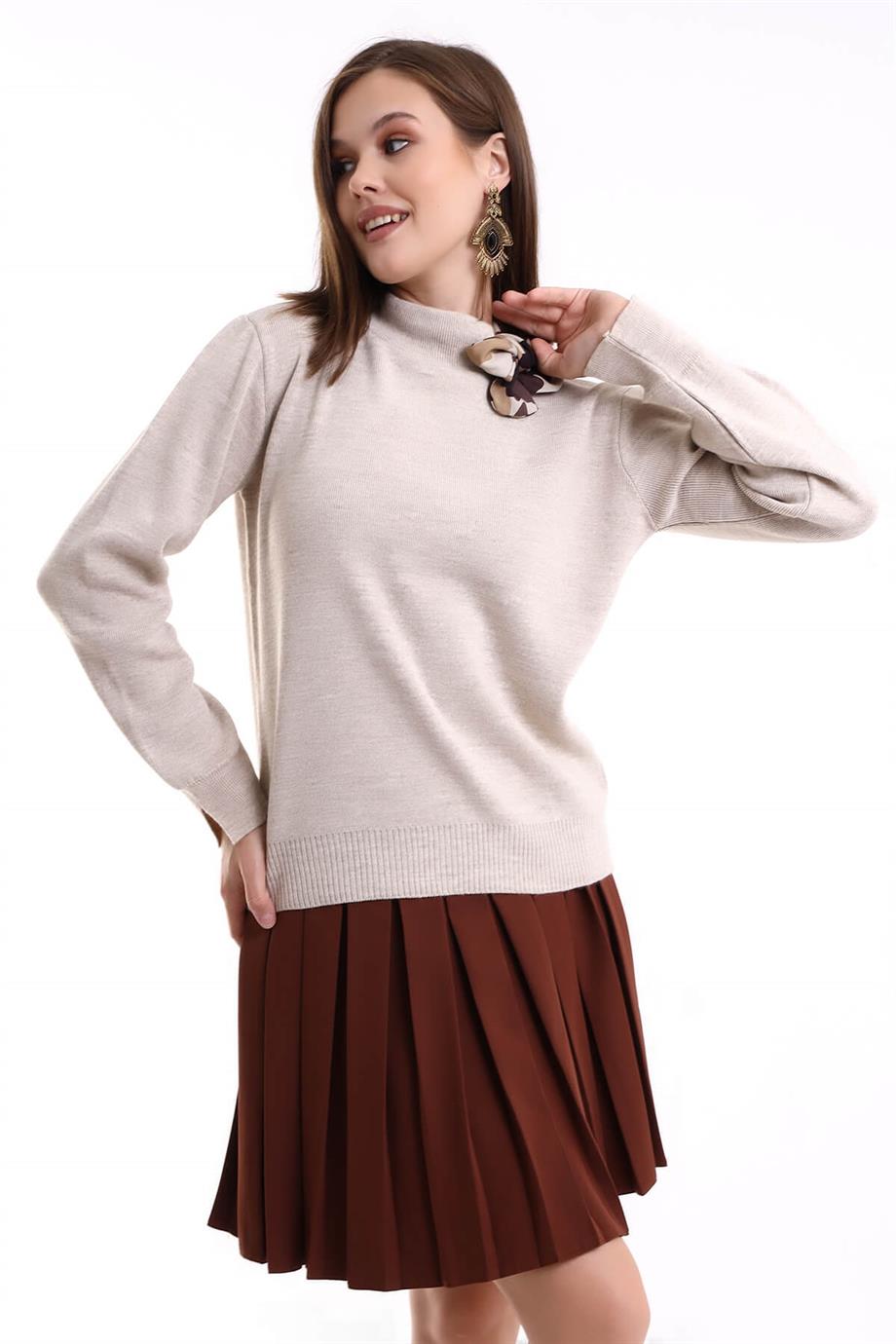 Bisiklet Yaka Fularlı Triko Kazak Triko Bluz 1100 Bej