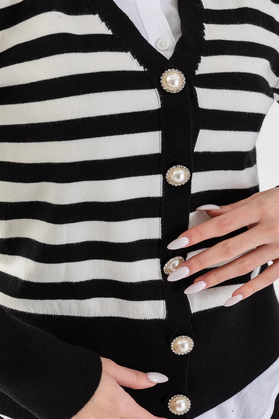 İnci Düğmeli Çizgili Triko Hırka 3108