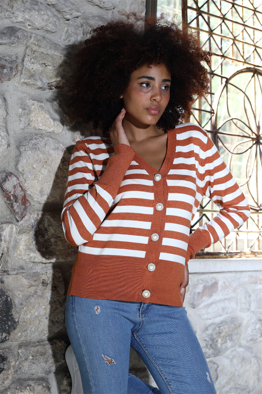 İnci Düğmeli Çizgili Triko Hırka 3108