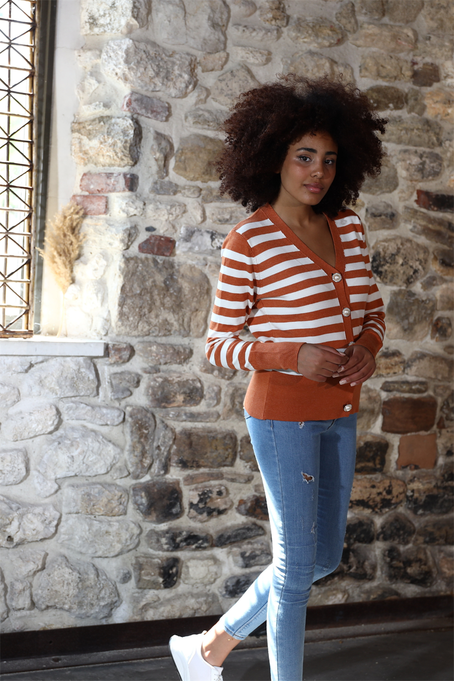 İnci Düğmeli Çizgili Triko Hırka 3108