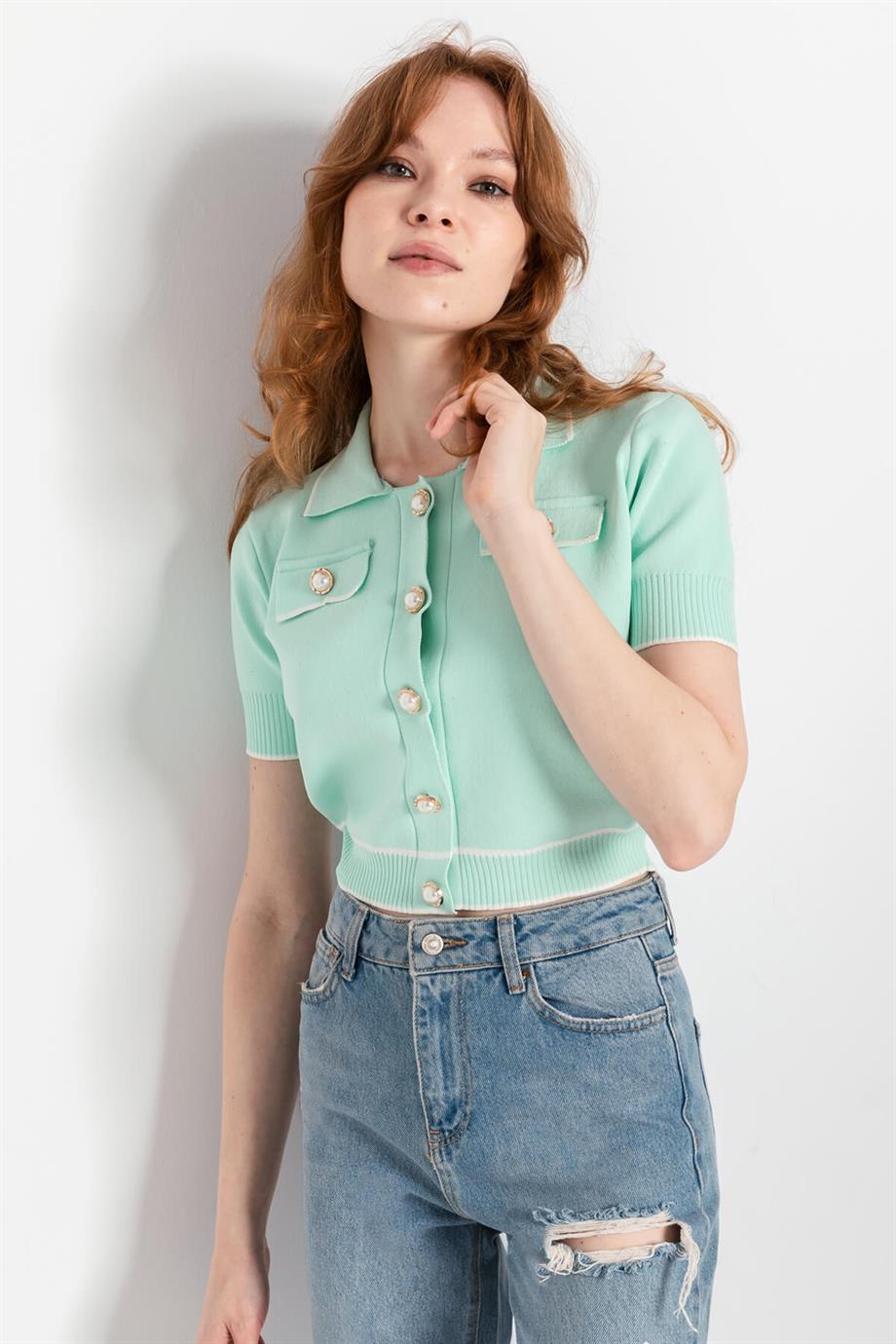 Polo Yaka Triko Crop İnci Düğmeli Hırka 2203