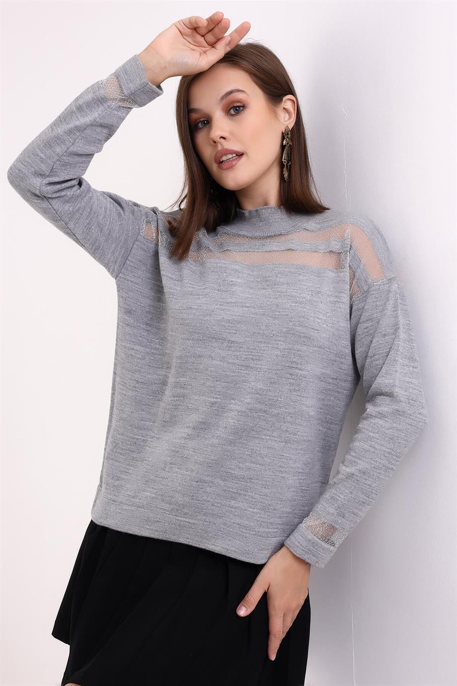 Transparan Çizgili Triko Kazak Triko Bluz 1107