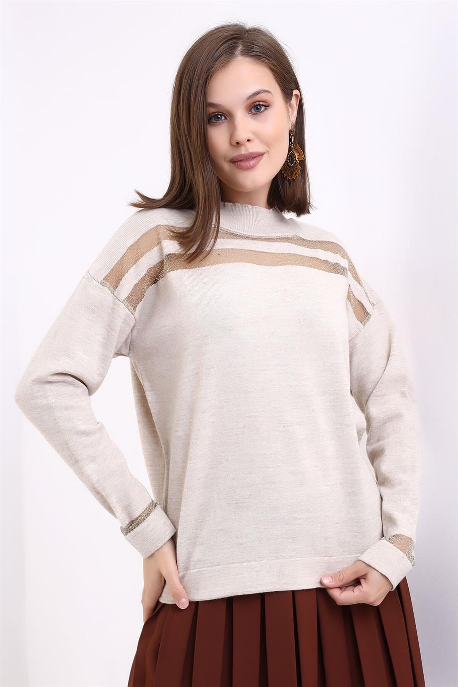 Transparan Çizgili Triko Kazak Triko Bluz 1107