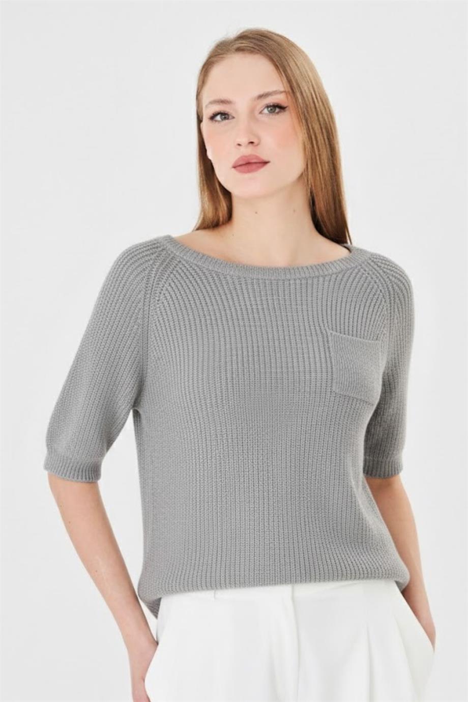 Kadın %100 Pamuk Kayık Yaka Selanik Örgü Kısa Kollu Triko Bluz Yazlık/Baharlık Kazak 71813 Gri