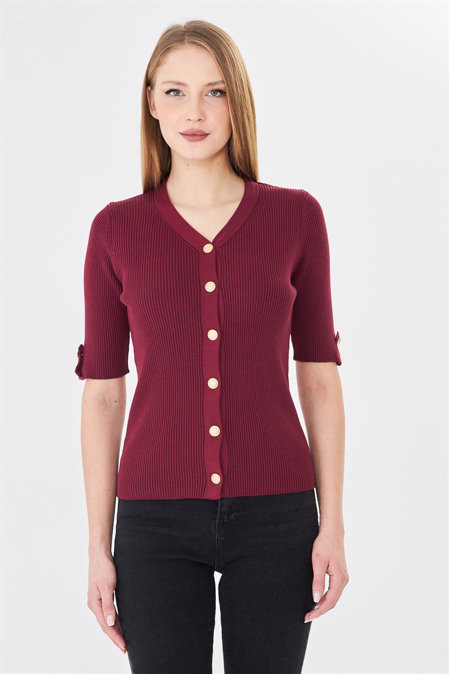 Kadın Apoletli Düğmeli  Kısakollu Fitilli Triko Hırka 121417 Bordo