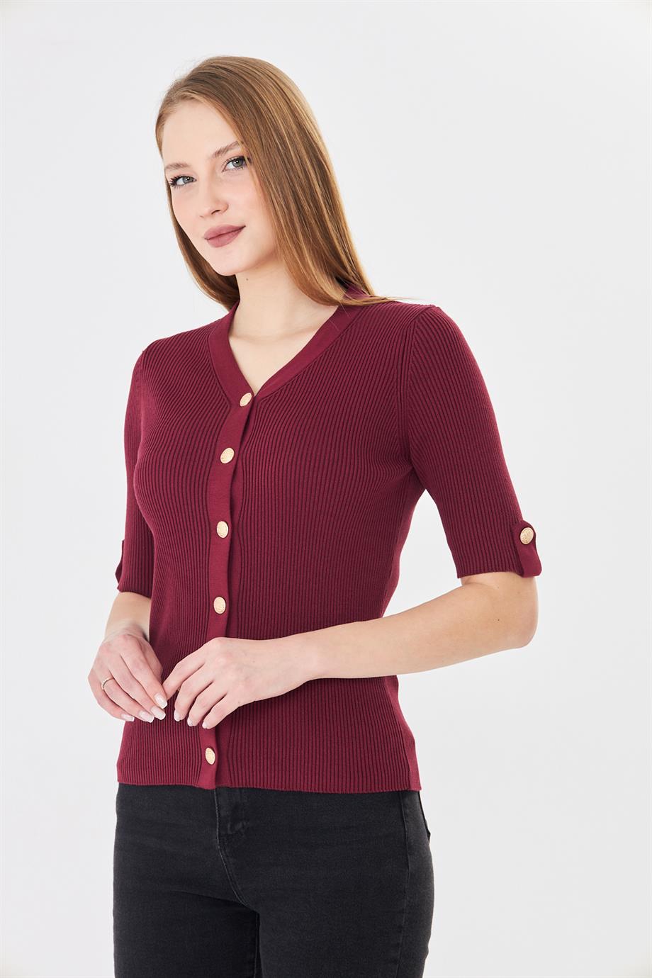 Kadın Apoletli Düğmeli  Kısakollu Fitilli Triko Hırka 121417 Bordo