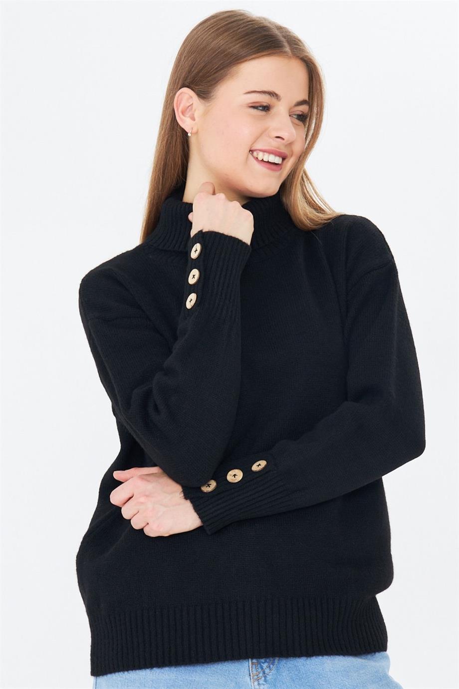 Kadın Balıkçı Yaka Kolu Düğmeli Kazak 11157