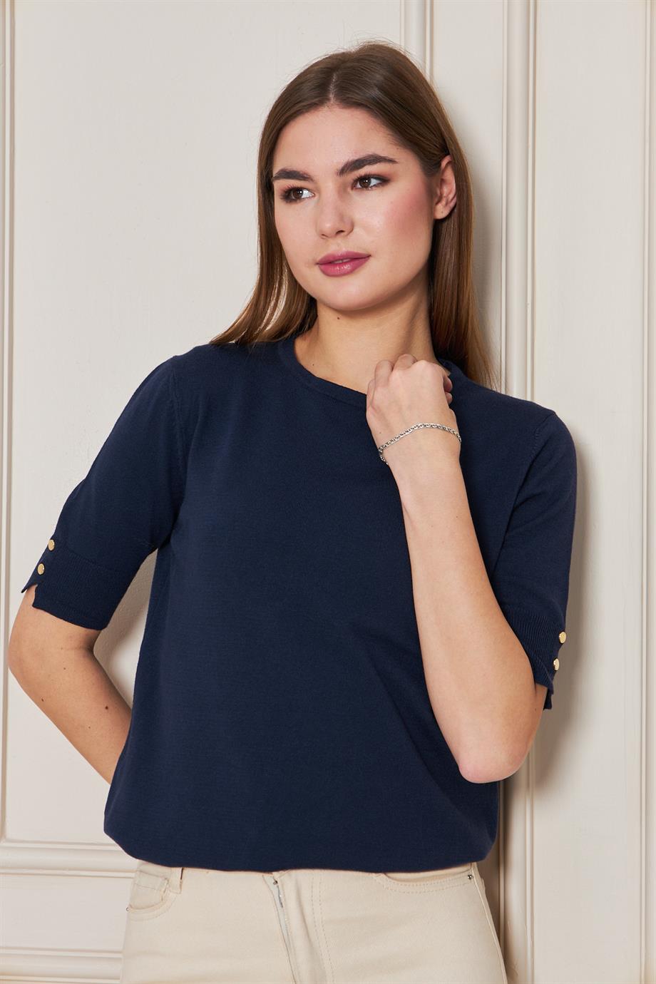 Kadın Bisiklet Yaka Çıtçıtlı Kısa Kollu Triko Bluz 1070 Lacivert