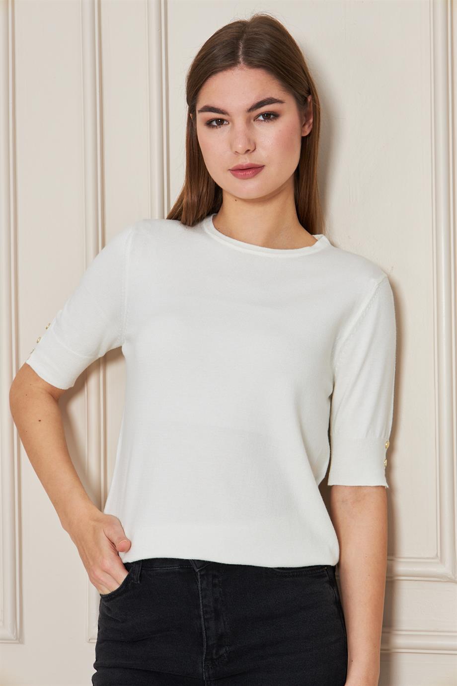 Kadın Bisiklet Yaka Çıtçıtlı Kısa Kollu Triko Bluz 1070 Ekru