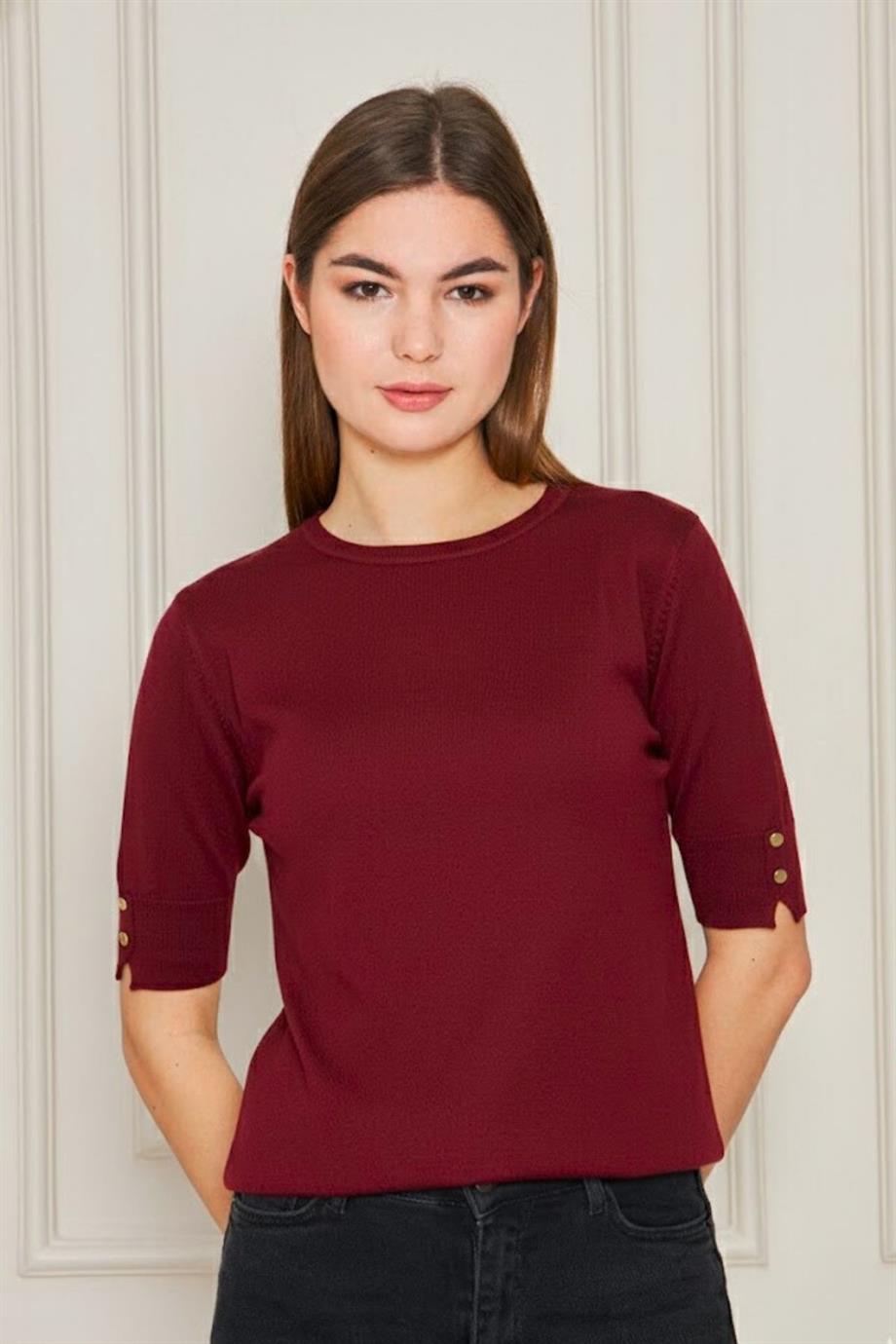 Kadın Bisiklet Yaka Çıtçıtlı Kısa Kollu Triko Bluz 1070 Bordo