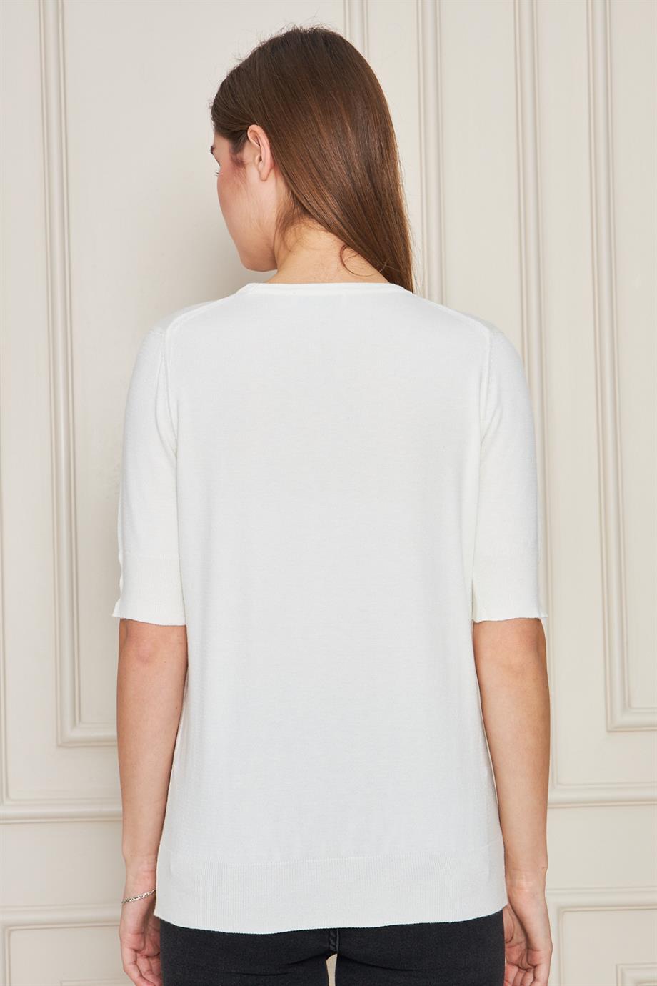 Kadın Bisiklet Yaka Çıtçıtlı Kısa Kollu Triko Bluz 1070 Ekru