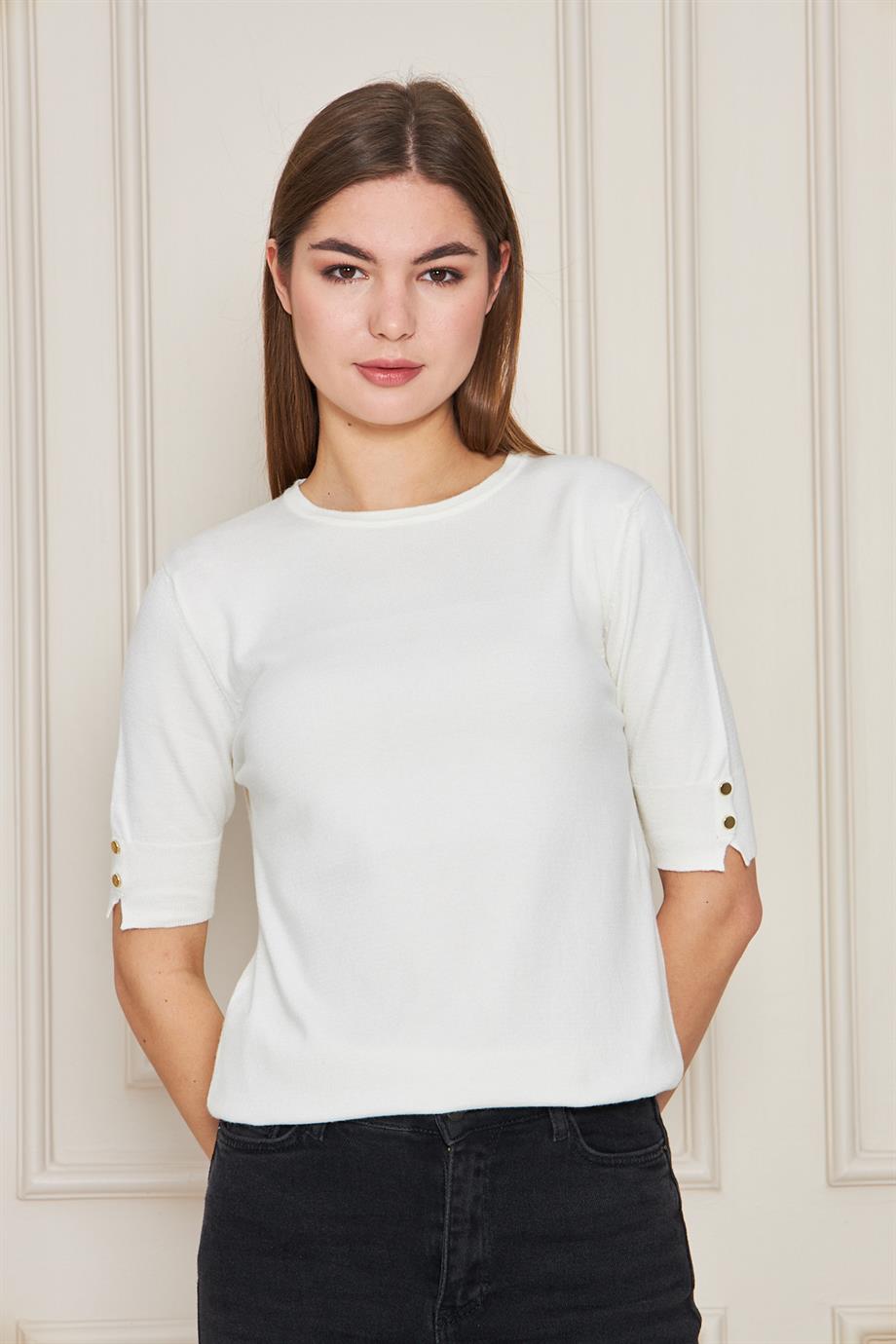 Kadın Bisiklet Yaka Çıtçıtlı Kısa Kollu Triko Bluz 1070 Ekru