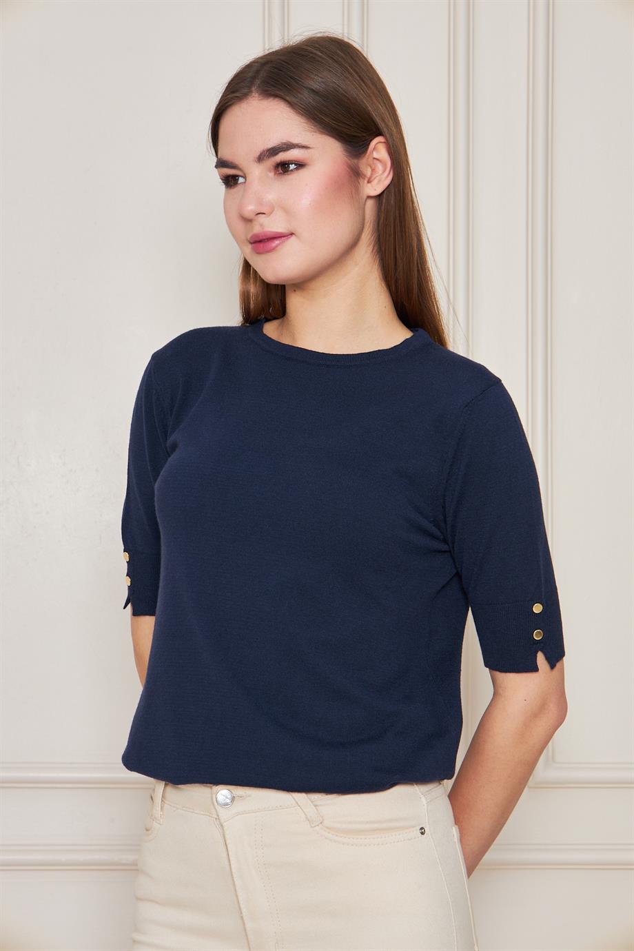 Kadın Bisiklet Yaka Çıtçıtlı Kısa Kollu Triko Bluz 1070 Lacivert