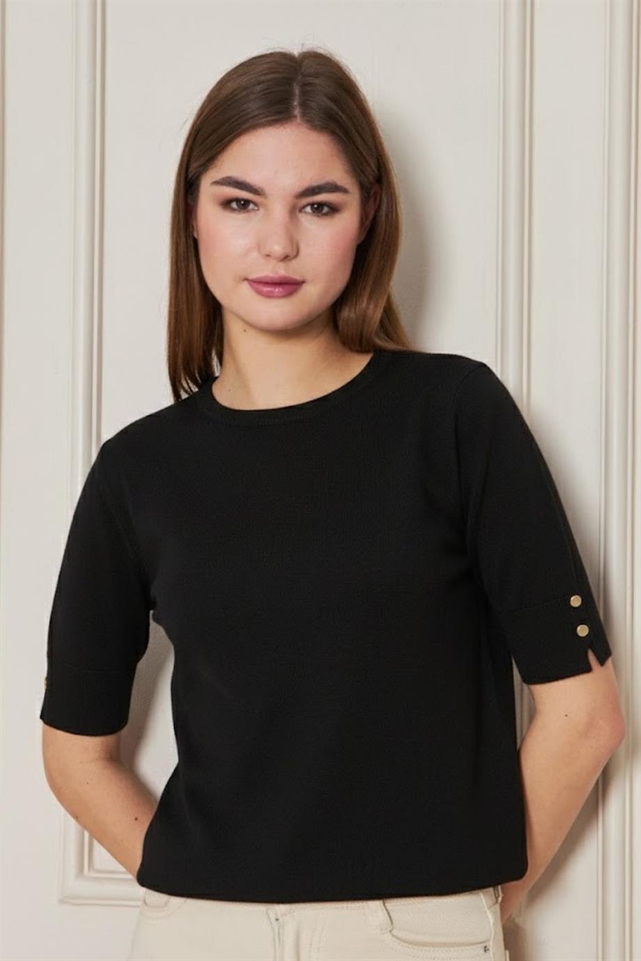 Kadın Bisiklet Yaka Çıtçıtlı Kısa Kollu Triko Bluz 1070 Siyah