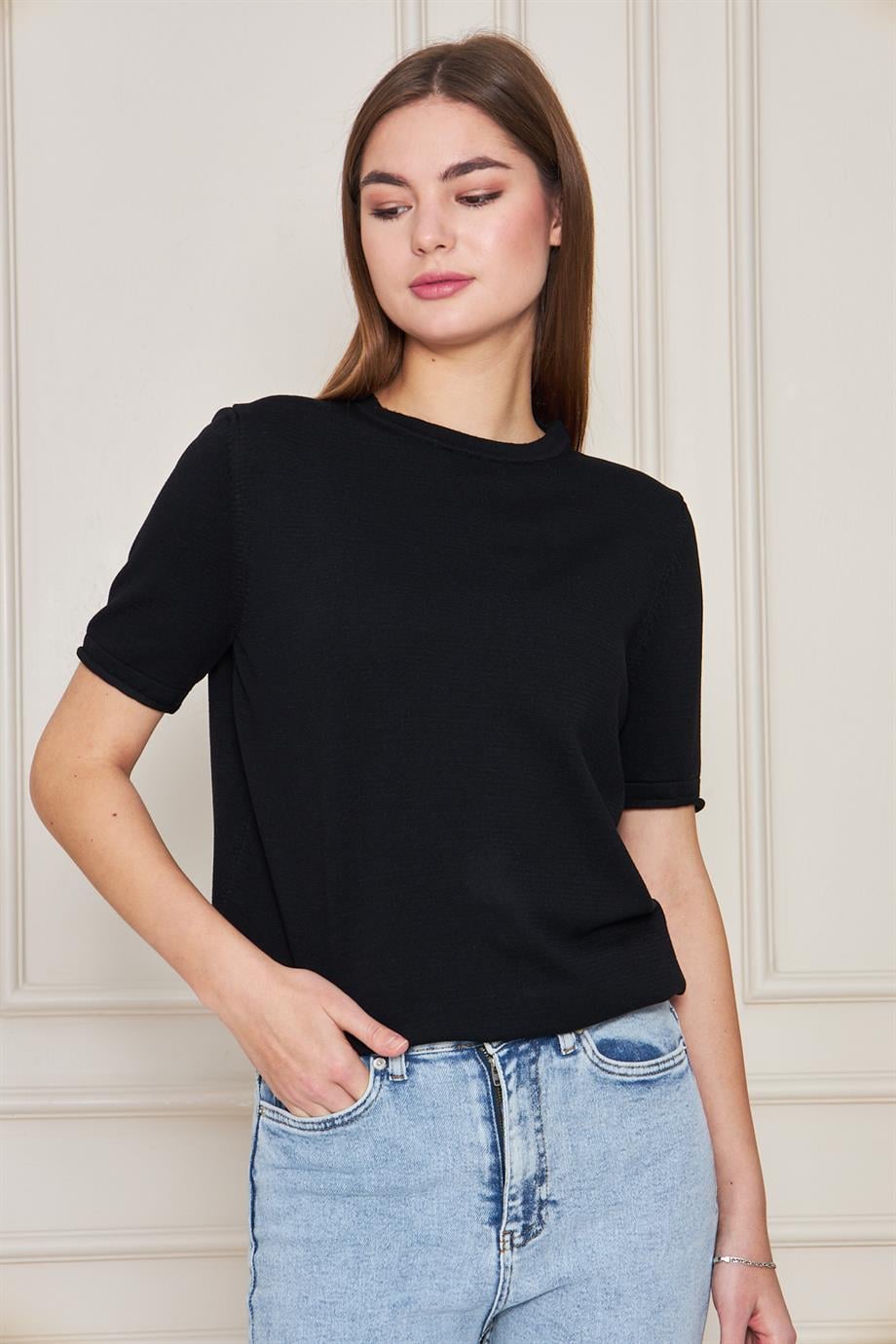 Kadın Bisiklet Yaka Kısa Kollu Triko Bluz Basic Bluz 25222