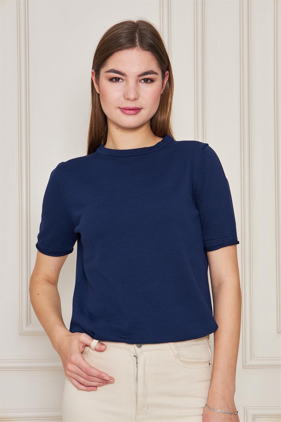 Kadın Bisiklet Yaka Kısa Kollu Triko Bluz Basic Bluz 25222