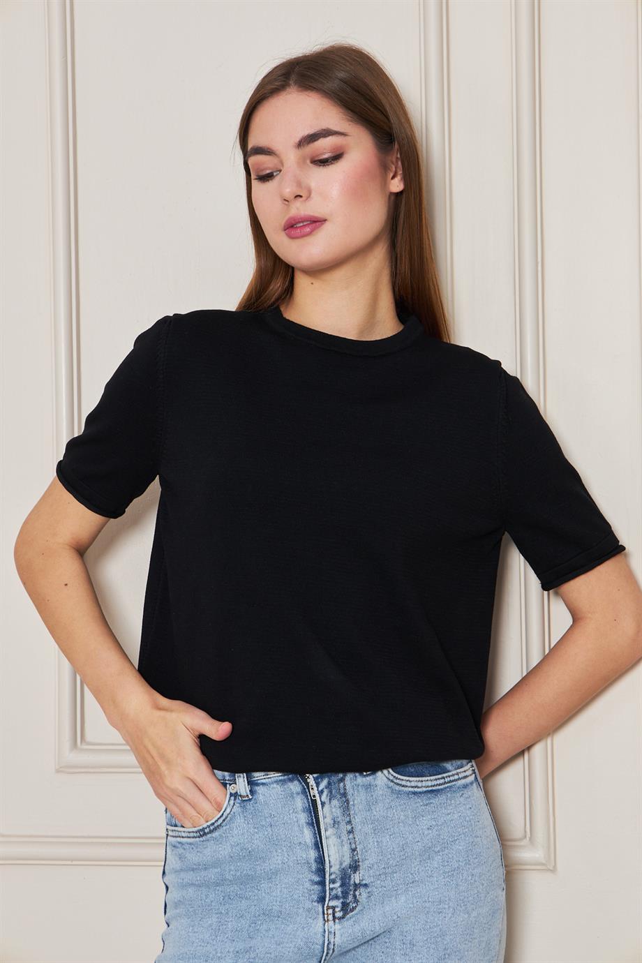 Kadın Bisiklet Yaka Kısa Kollu Triko Bluz Basic Bluz 25222