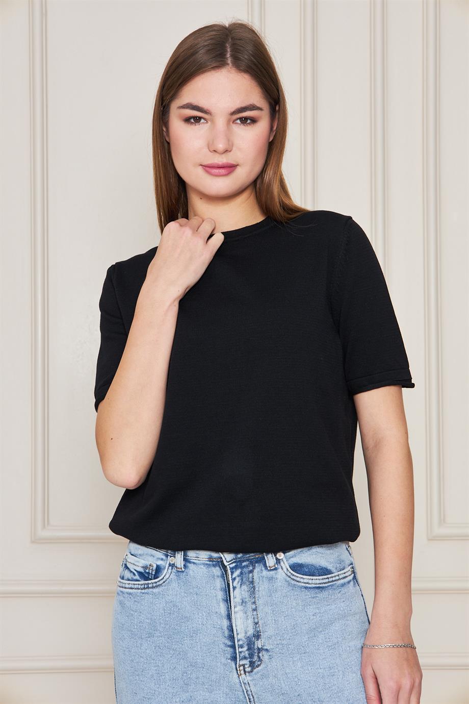 Kadın Bisiklet Yaka Kısa Kollu Triko Bluz Basic Bluz 25222