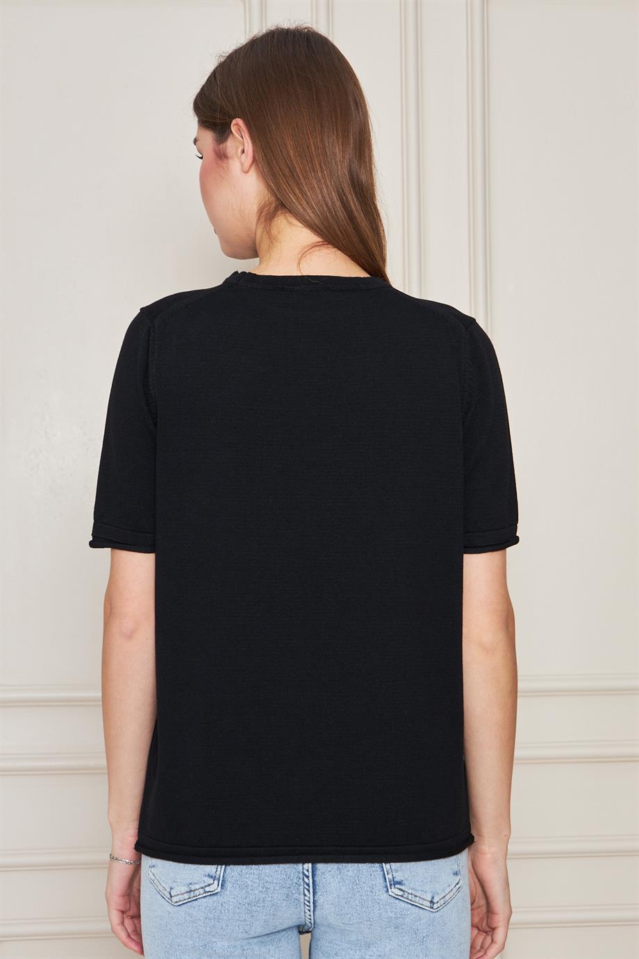 Kadın Bisiklet Yaka Kısa Kollu Triko Bluz Basic Bluz 25222