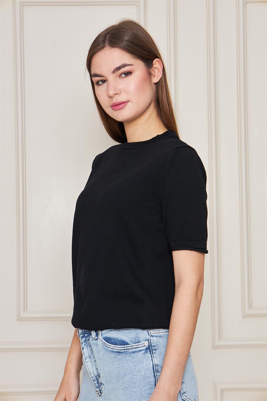 Kadın Bisiklet Yaka Kısa Kollu Triko Bluz Basic Bluz 25222