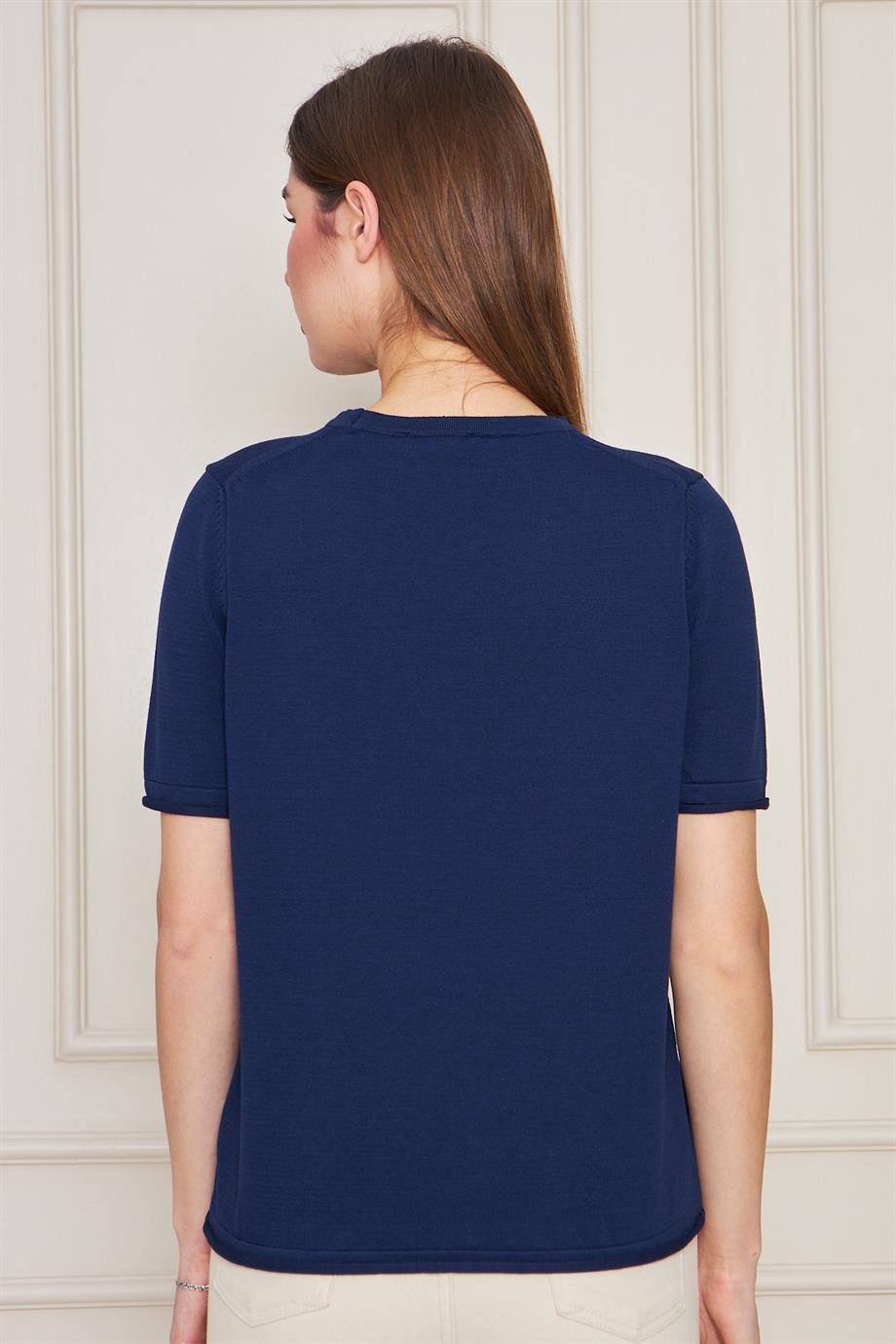 Kadın Bisiklet Yaka Kısa Kollu Triko Bluz Basic Bluz 25222