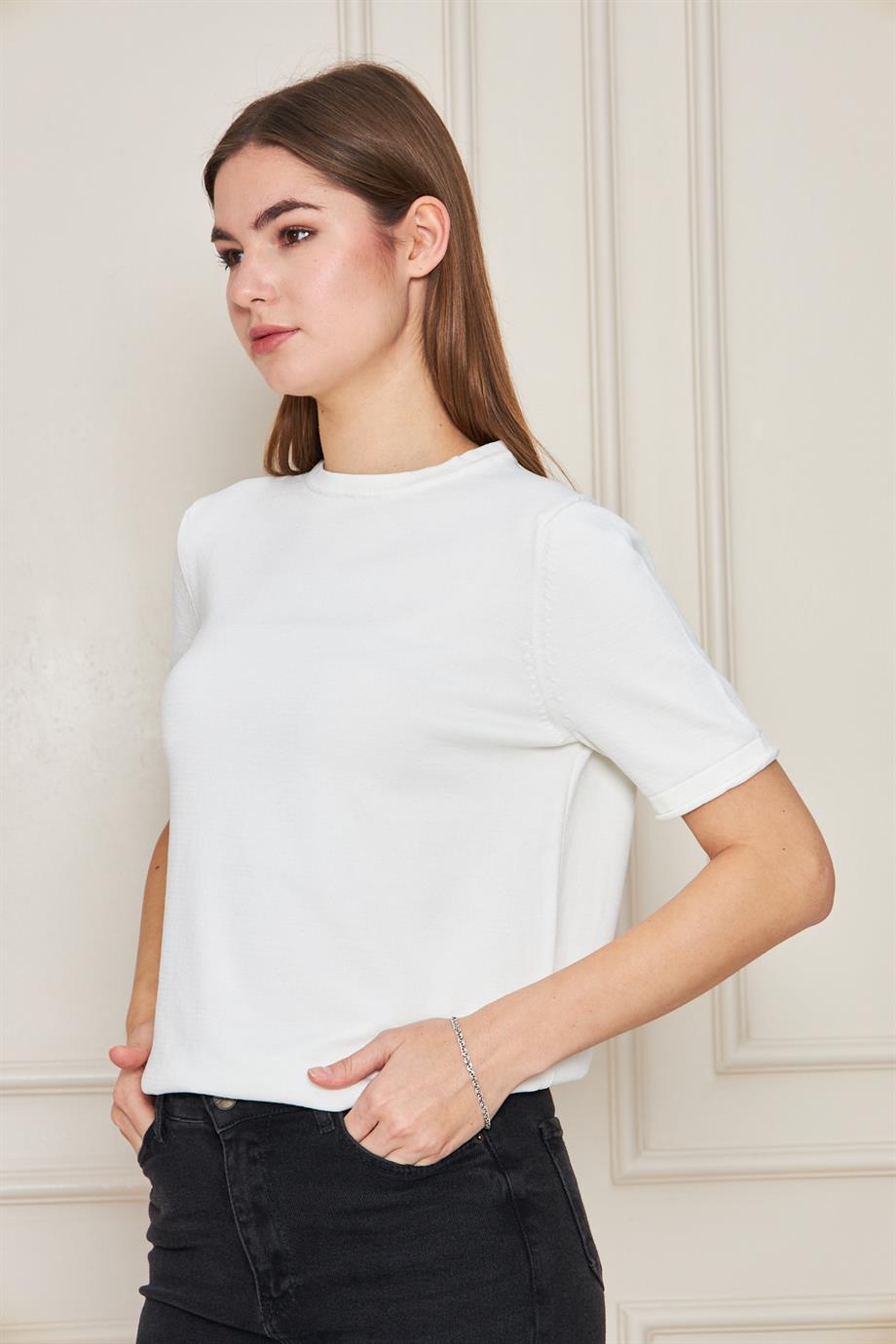 Kadın Bisiklet Yaka Kısa Kollu Triko Bluz Basic Bluz 25222
