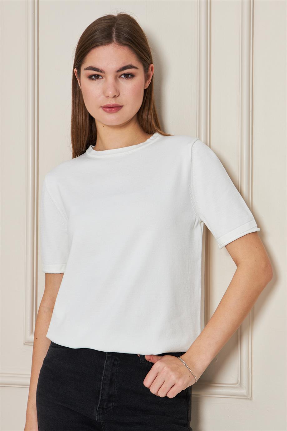 Kadın Bisiklet Yaka Kısa Kollu Triko Bluz Basic Bluz 25222